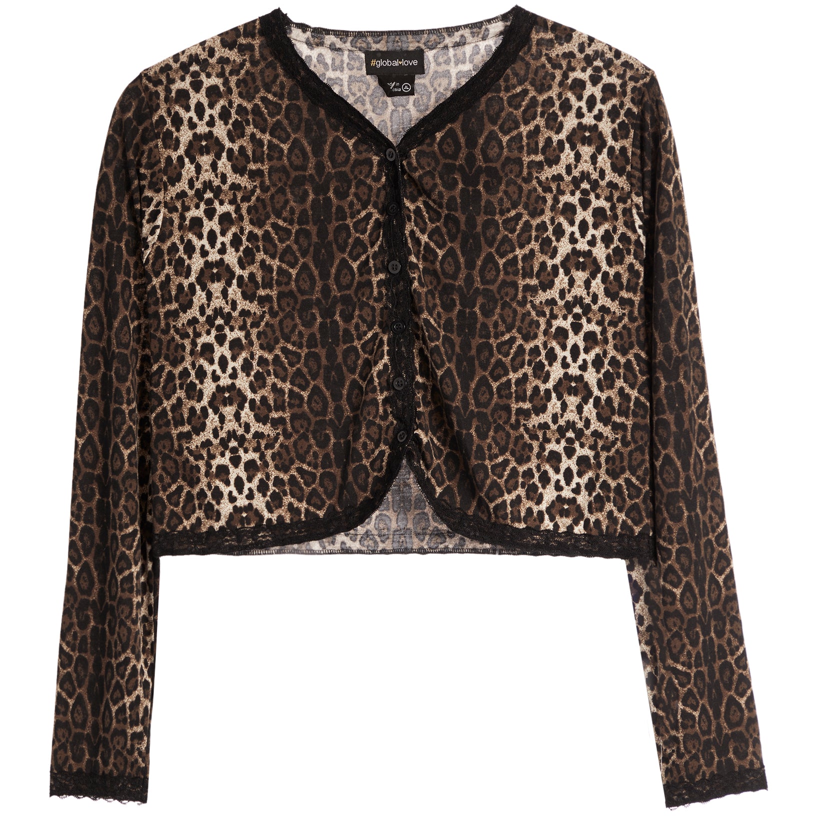 A cropped long-sleeve cardigan featuring a brown and beige leopard print pattern with black lace trim along the V-neck, button closure, cuffs, and hem.