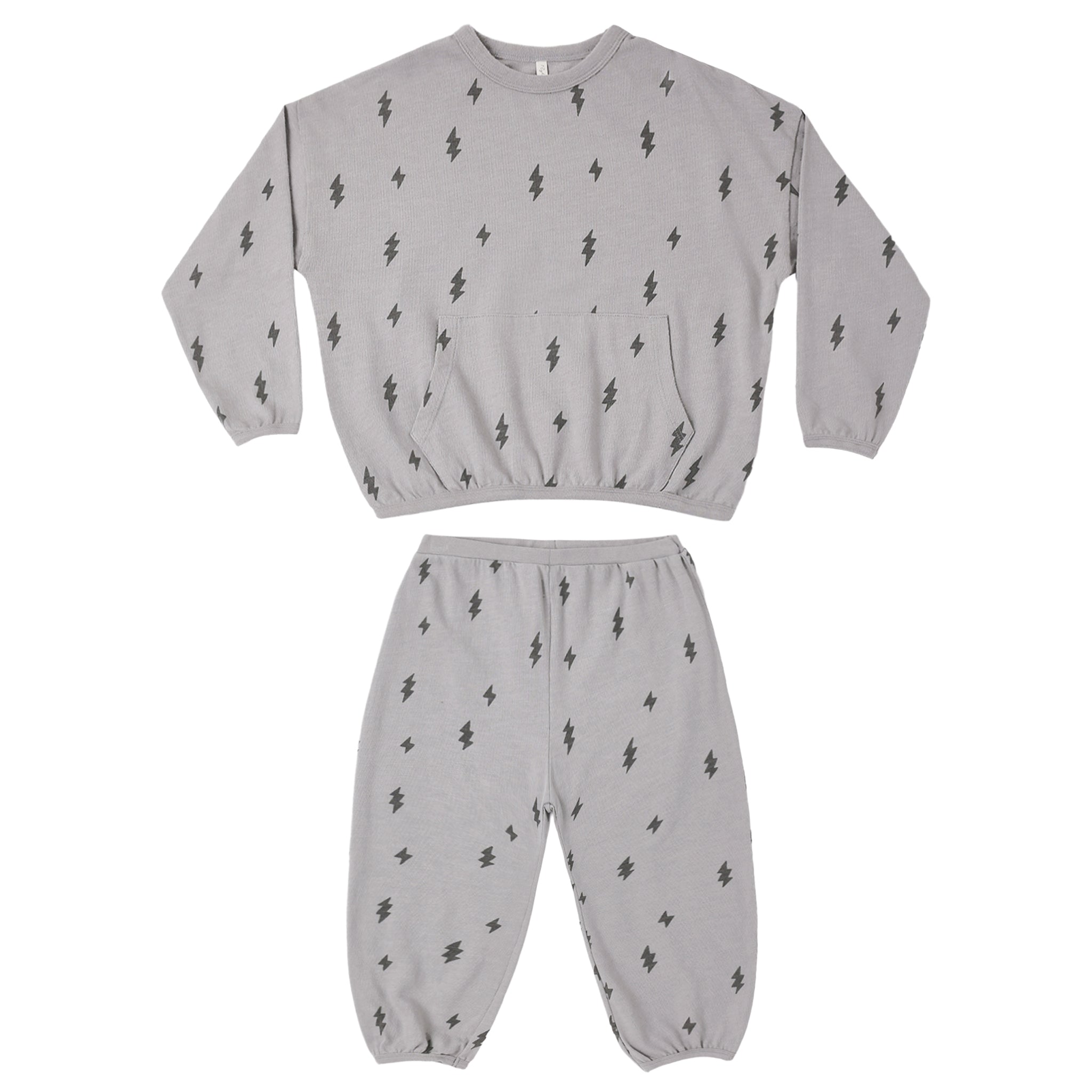 A two-piece kids' loungewear set consisting of a long-sleeve sweatshirt and matching jogger pants, both in light gray with a small black lightning bolt pattern, displayed on a solid white background.