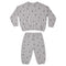 A two-piece kids' loungewear set consisting of a long-sleeve sweatshirt and matching jogger pants, both in light gray with a small black lightning bolt pattern, displayed on a solid white background.
