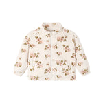 A cream-colored zip-up jacket with a pink and brown floral pattern, featuring a stand-up collar and front pockets, shown against a plain white background.