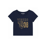 A navy blue short-sleeve crop top with a gold graphic print featuring the word 'TIGERS', a tiger illustration, and the number '38'. 