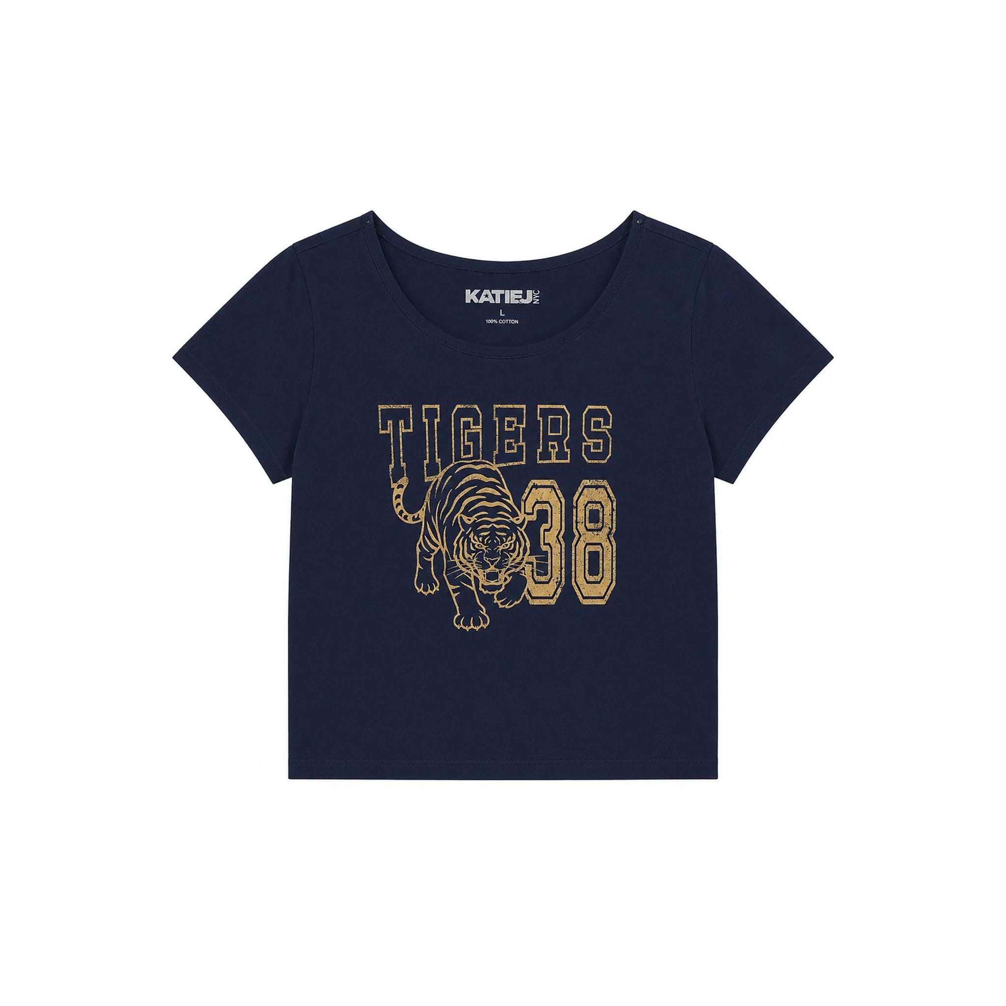 A navy blue short-sleeve crop top with a gold graphic print featuring the word 'TIGERS', a tiger illustration, and the number '38'. 