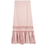 A light pink midi skirt with a textured crinkle fabric, featuring a double-tiered ruffle hem design, shown flat on a white background.