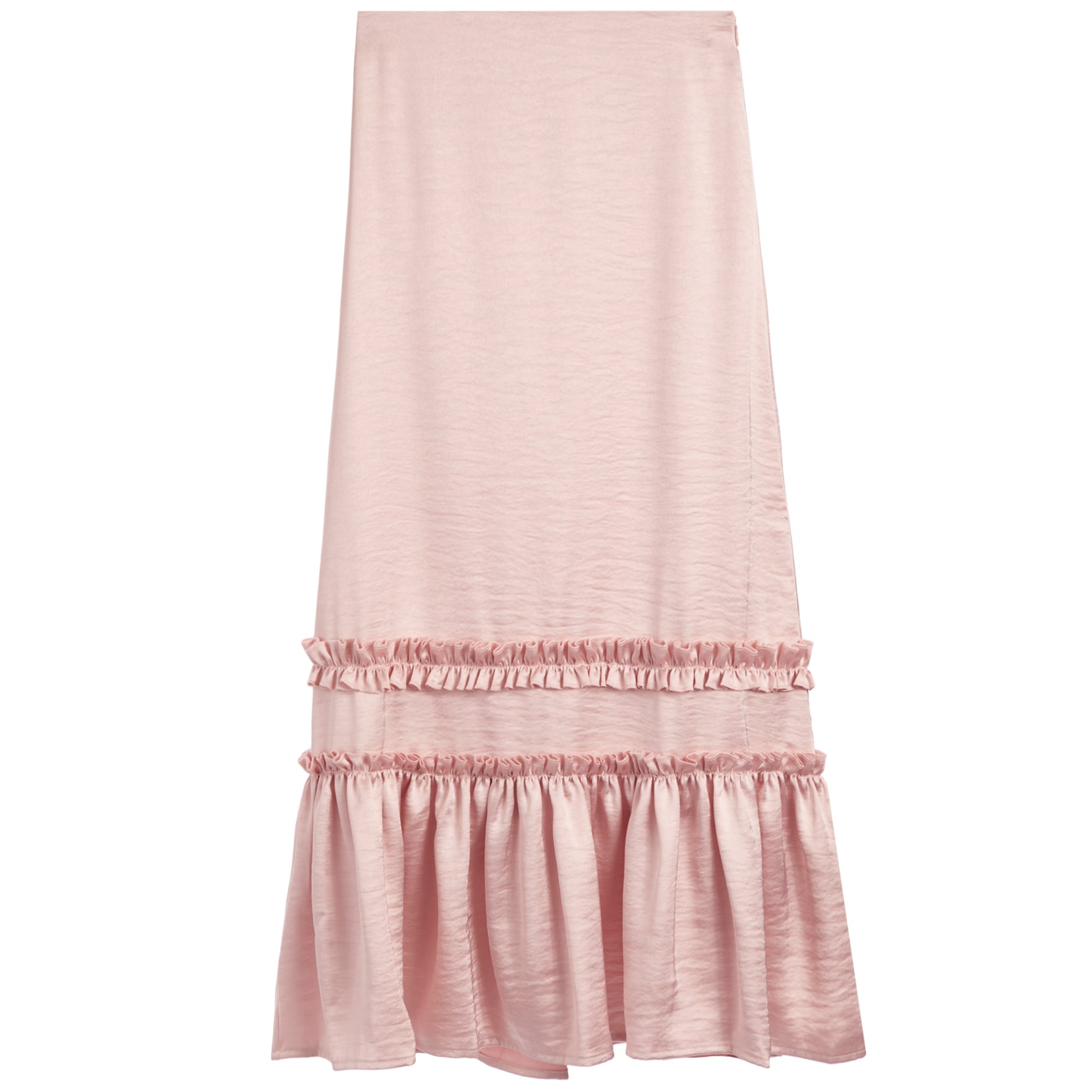 A light pink midi skirt with a textured crinkle fabric, featuring a double-tiered ruffle hem design, shown flat on a white background.