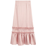 A light pink midi skirt with a textured fabric, featuring a double-tiered ruffle hem design, shown against a plain white background.