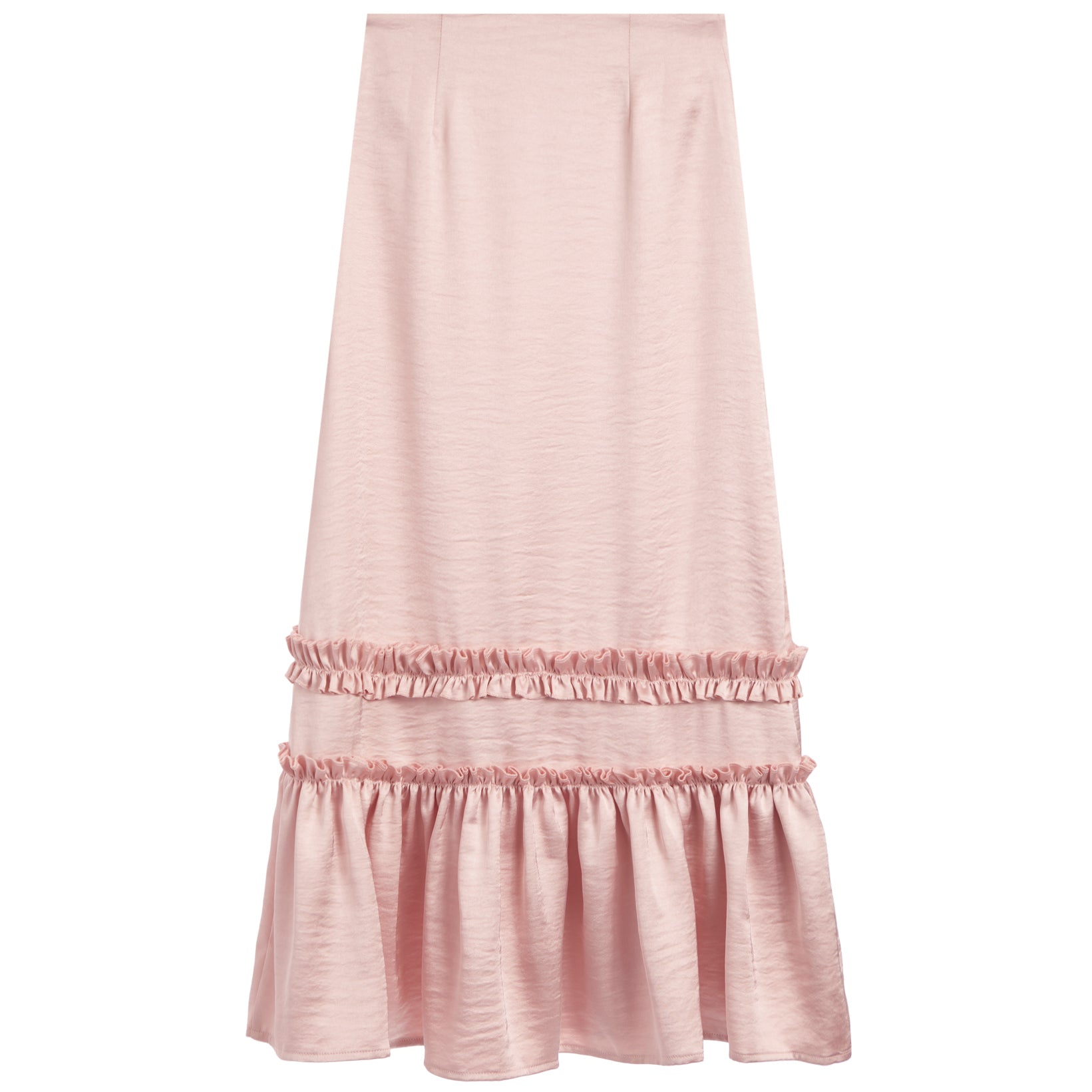 A light pink midi skirt with a textured fabric, featuring a double-tiered ruffle hem design, shown against a plain white background.