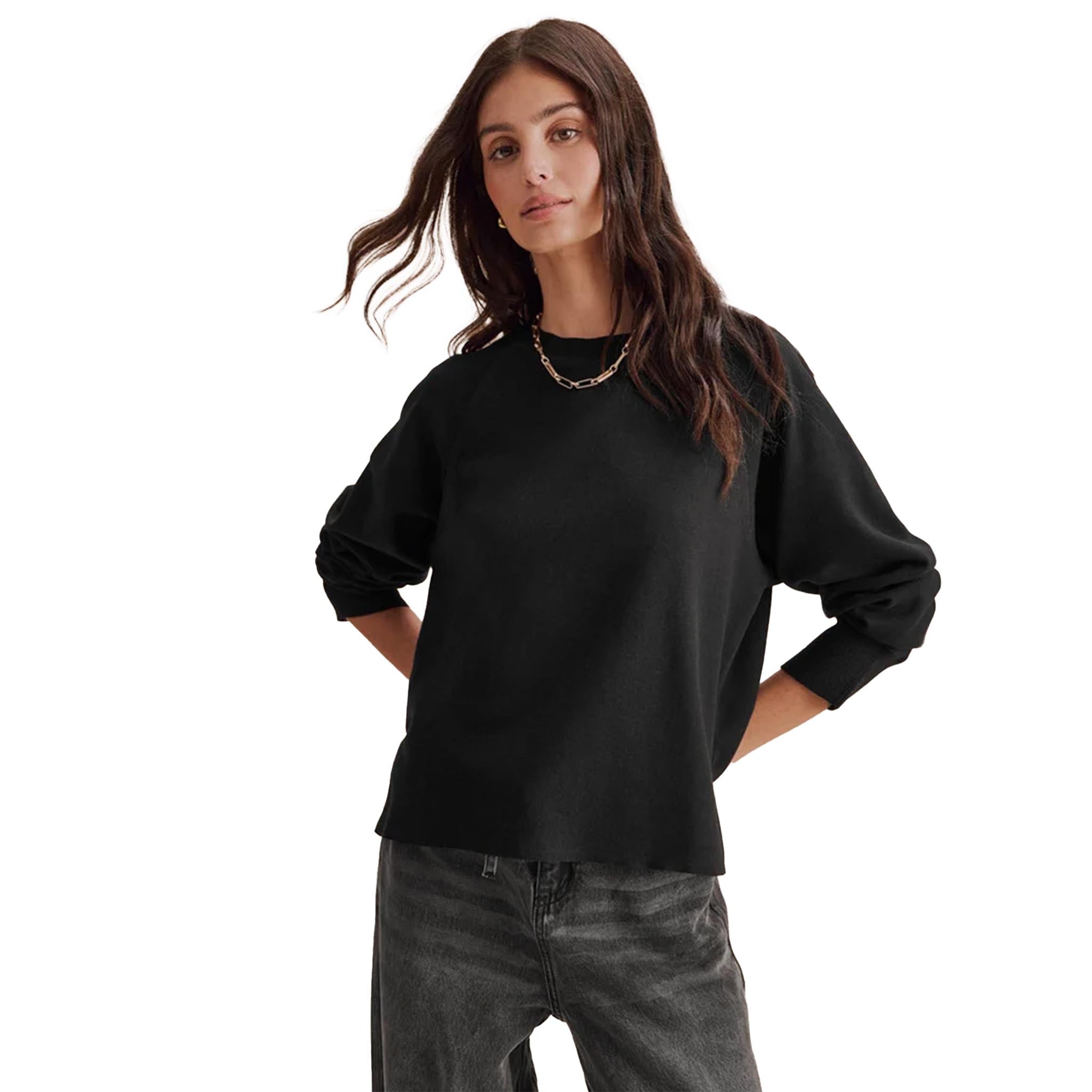 Black long-sleeve crewneck sweatshirt with relaxed, slightly oversized sleeves