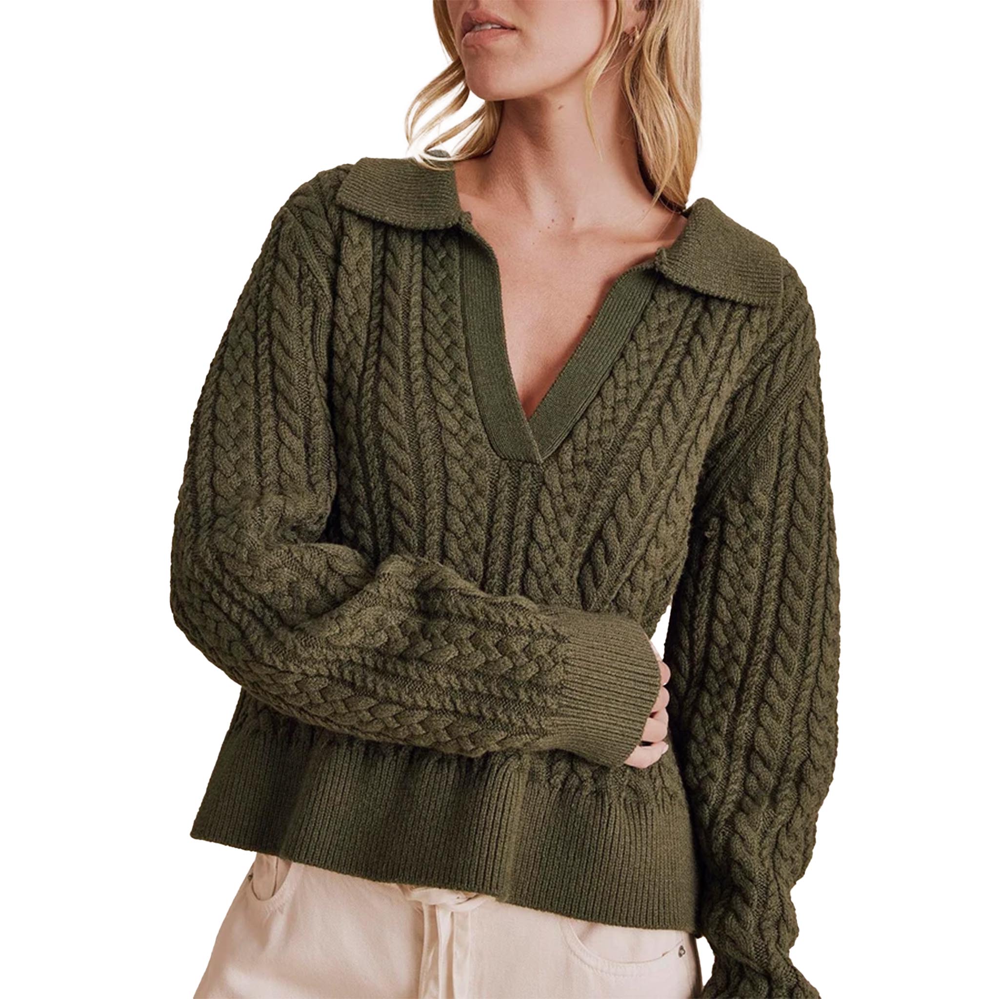 Olive green cable-knit sweater with a V-neck collar