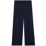 A pair of dark navy blue wide-leg pants shown flat against a solid white background.