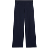A pair of dark navy blue wide-leg pants shown flat against a solid white background.
