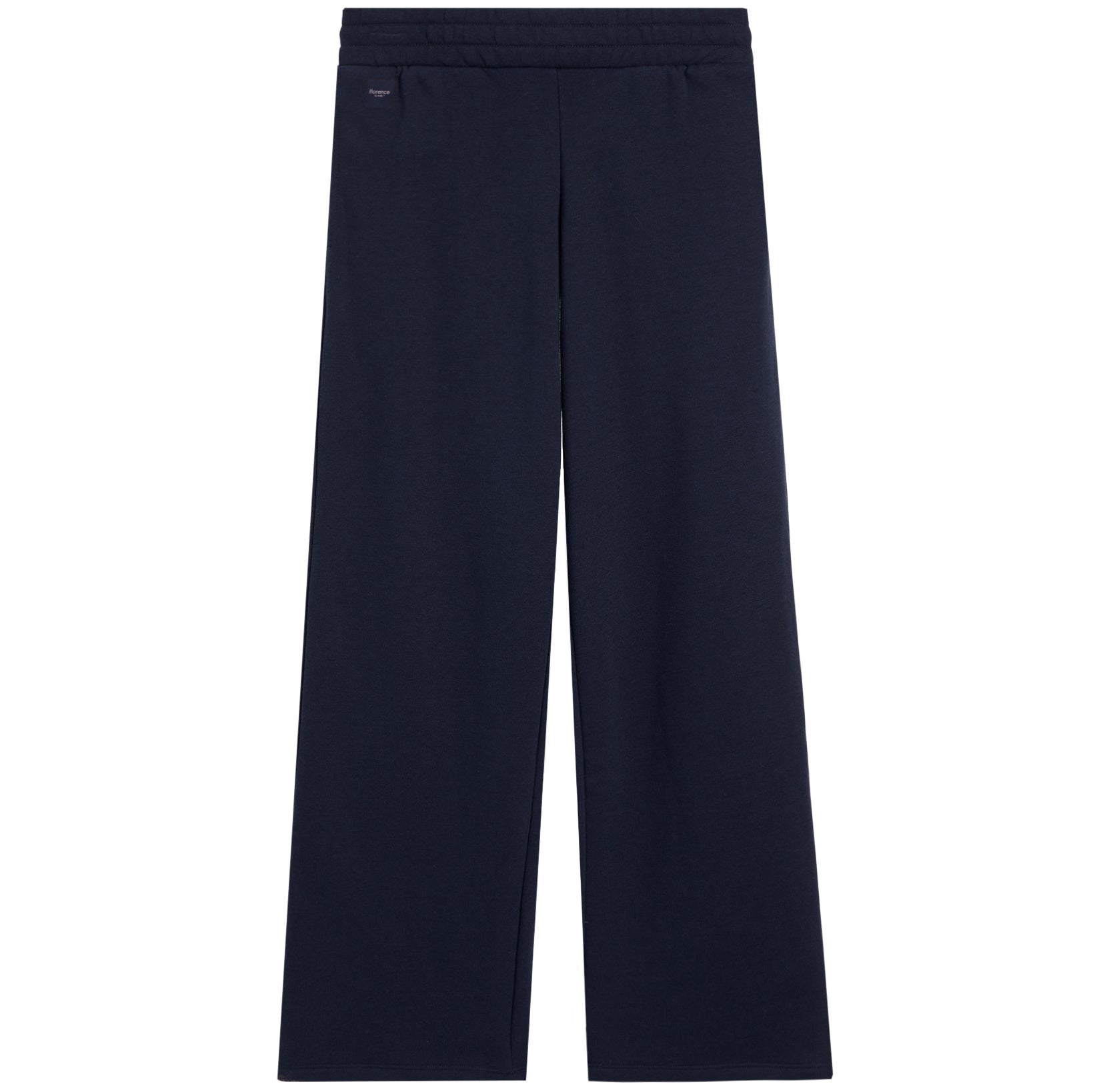 A pair of dark navy blue wide-leg pants shown flat against a solid white background.