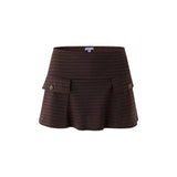 A dark brown houndstooth mini skirt with a high waistband, front pleats, and two side flap pockets with button closures, shown against a plain white background.