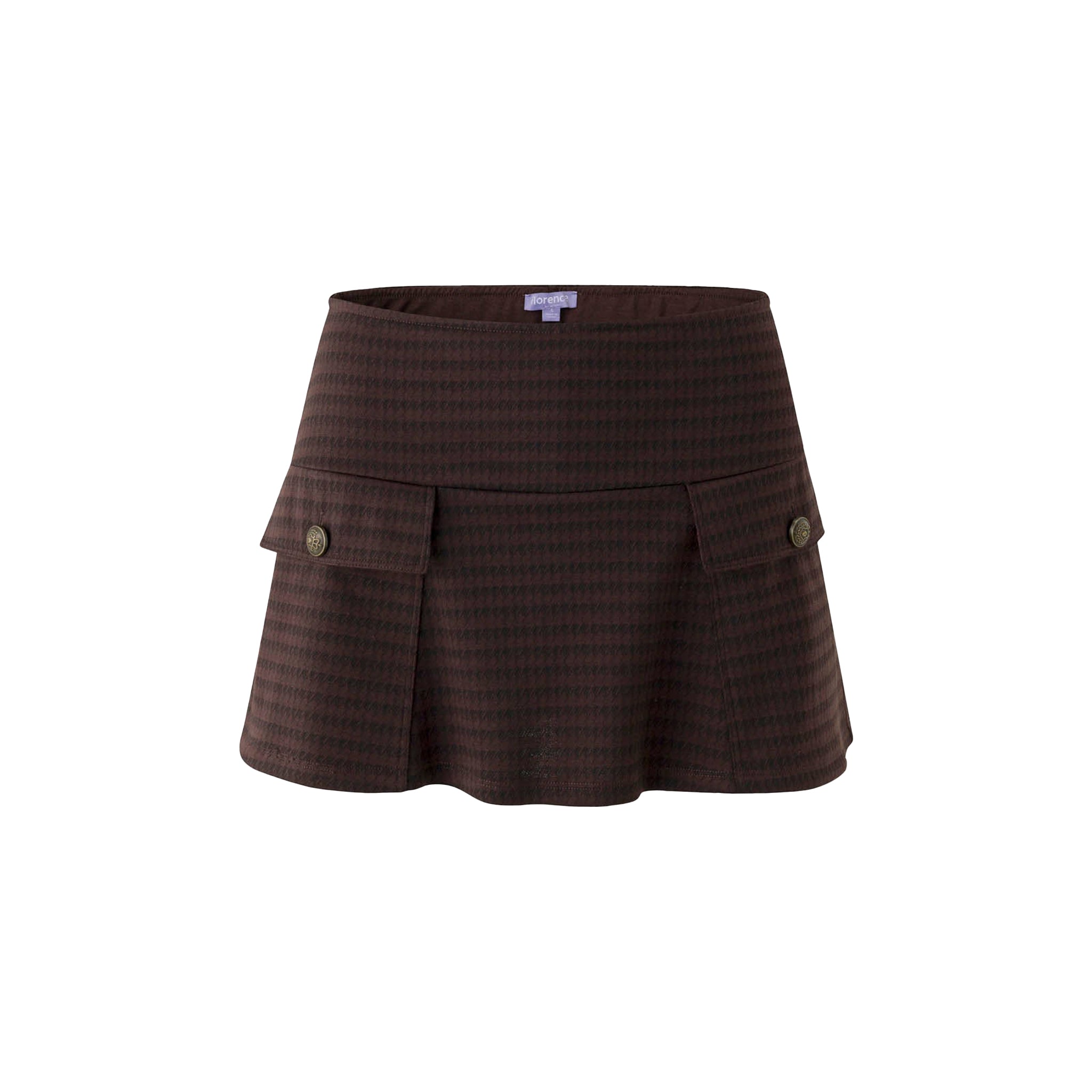 A dark brown houndstooth mini skirt with a high waistband, front pleats, and two side flap pockets with button closures, shown against a plain white background.