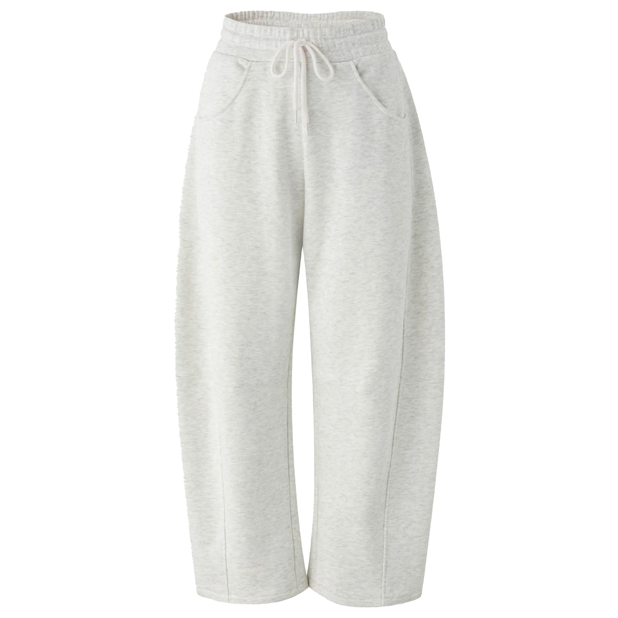 Light heather gray wide-leg sweatpants with an elastic waistband and drawstring, shown against a plain white background.
