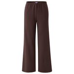 A pair of dark brown wide-leg cropped pants with an elastic waistband, shown against a plain white background.