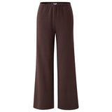 A pair of dark brown wide-leg cropped pants with an elastic waistband, shown against a plain white background.