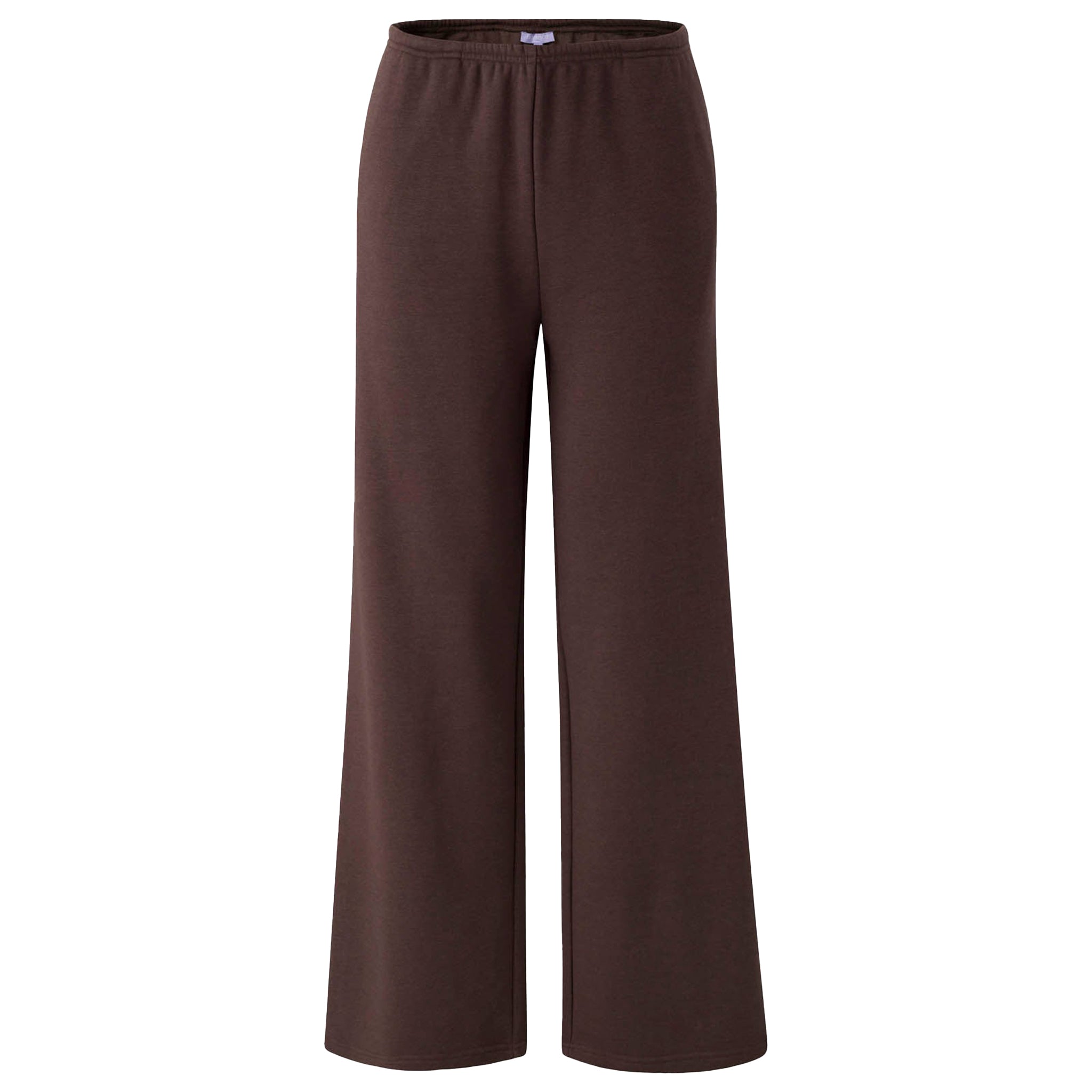 A pair of dark brown wide-leg cropped pants with an elastic waistband, shown against a plain white background.