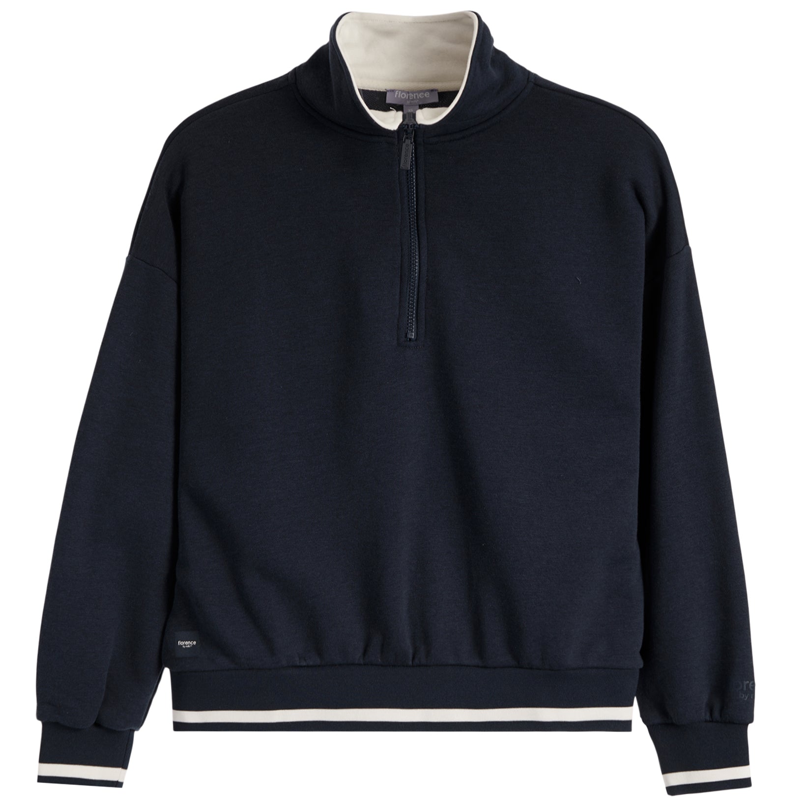 A navy blue quarter-zip sweatshirt with a contrasting cream inner collar, cream ribbed hem, and cream and navy striped cuffs, shown on a plain white background.