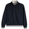 A navy blue quarter-zip sweatshirt with a contrasting cream inner collar, cream ribbed hem, and cream and navy striped cuffs, shown on a plain white background.