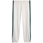Light heather gray sweatpants with dark green side stripes, elastic waistband, and elastic ankle cuffs, shown flat on a white background.