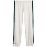 Light heather gray sweatpants with dark green side stripes, elastic waistband, and elastic ankle cuffs, shown flat on a white background.