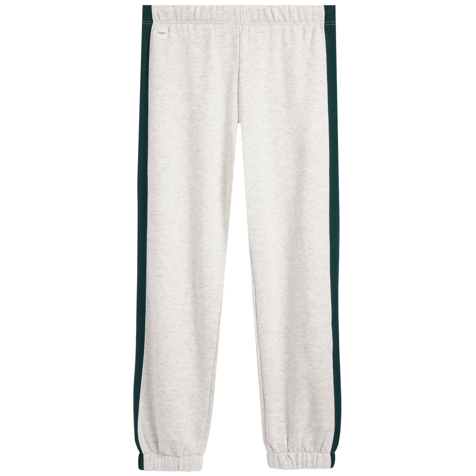 Light heather gray sweatpants with dark green side stripes, elastic waistband, and elastic ankle cuffs, shown flat on a white background.