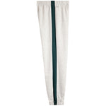Light heather gray sweatpants with a vertical dark green stripe down the center, featuring an elastic waistband and elastic cuffs.