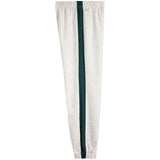Light heather gray sweatpants with a vertical dark green stripe down the center, featuring an elastic waistband and elastic cuffs.