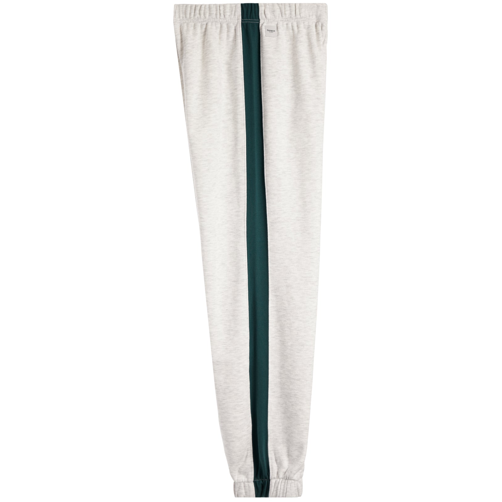 Light heather gray sweatpants with a vertical dark green stripe down the center, featuring an elastic waistband and elastic cuffs.