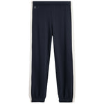 A pair of navy blue sweatpants with white side stripes, shown flat against a solid white background.