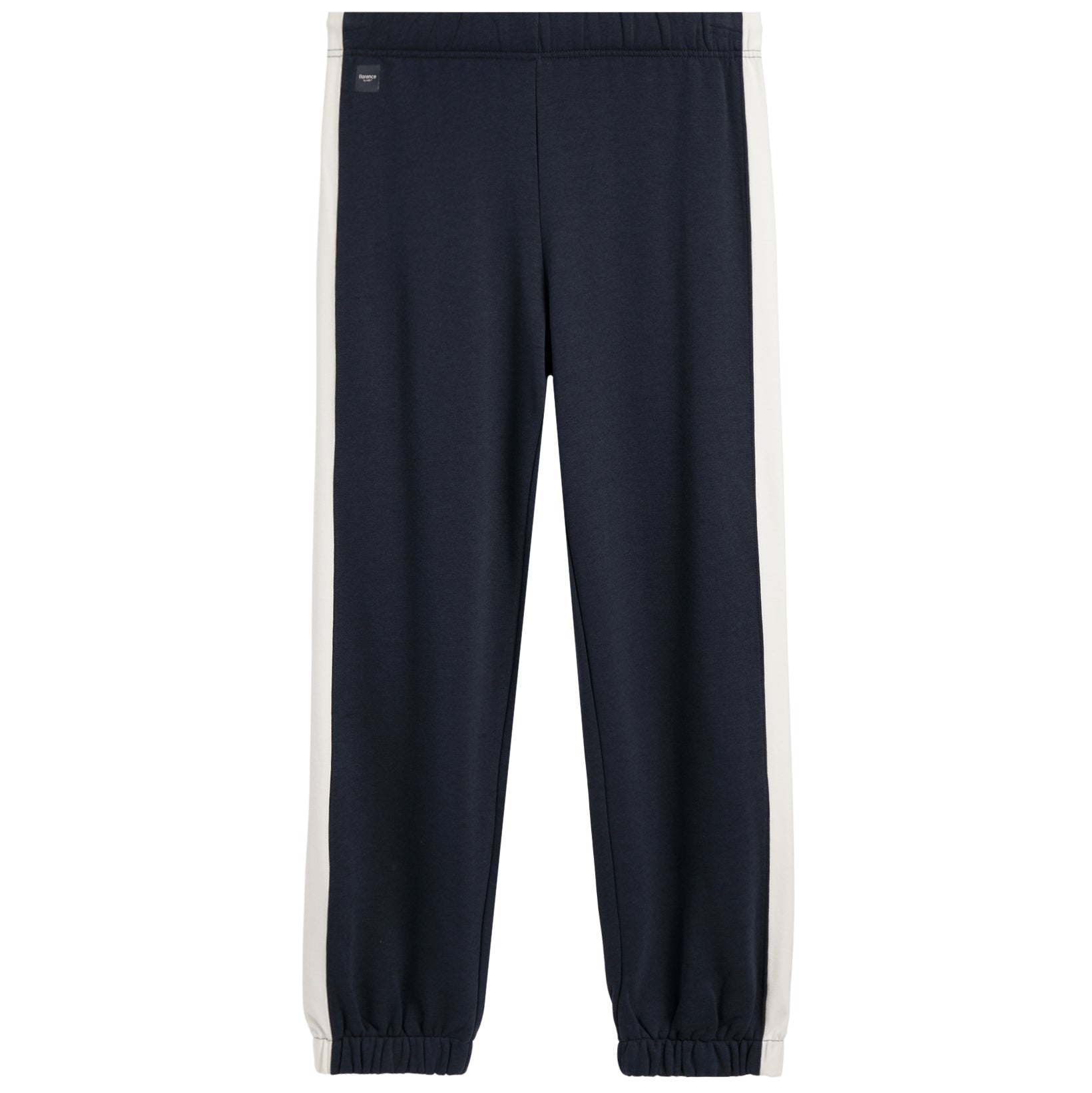 A pair of navy blue sweatpants with white side stripes, shown flat against a solid white background.