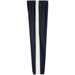 A pair of navy blue athletic pants with a vertical white stripe running down the center of each leg, shown against a plain white background.