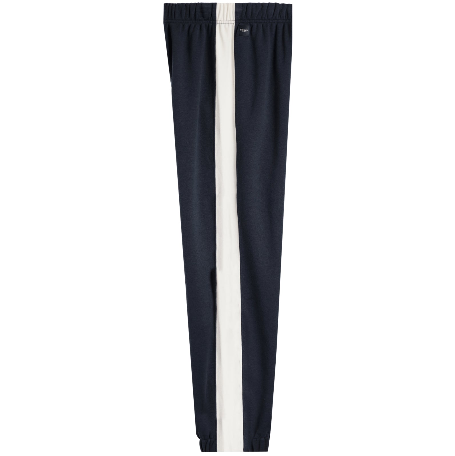 A pair of navy blue athletic pants with a vertical white stripe running down the center of each leg, shown against a plain white background.