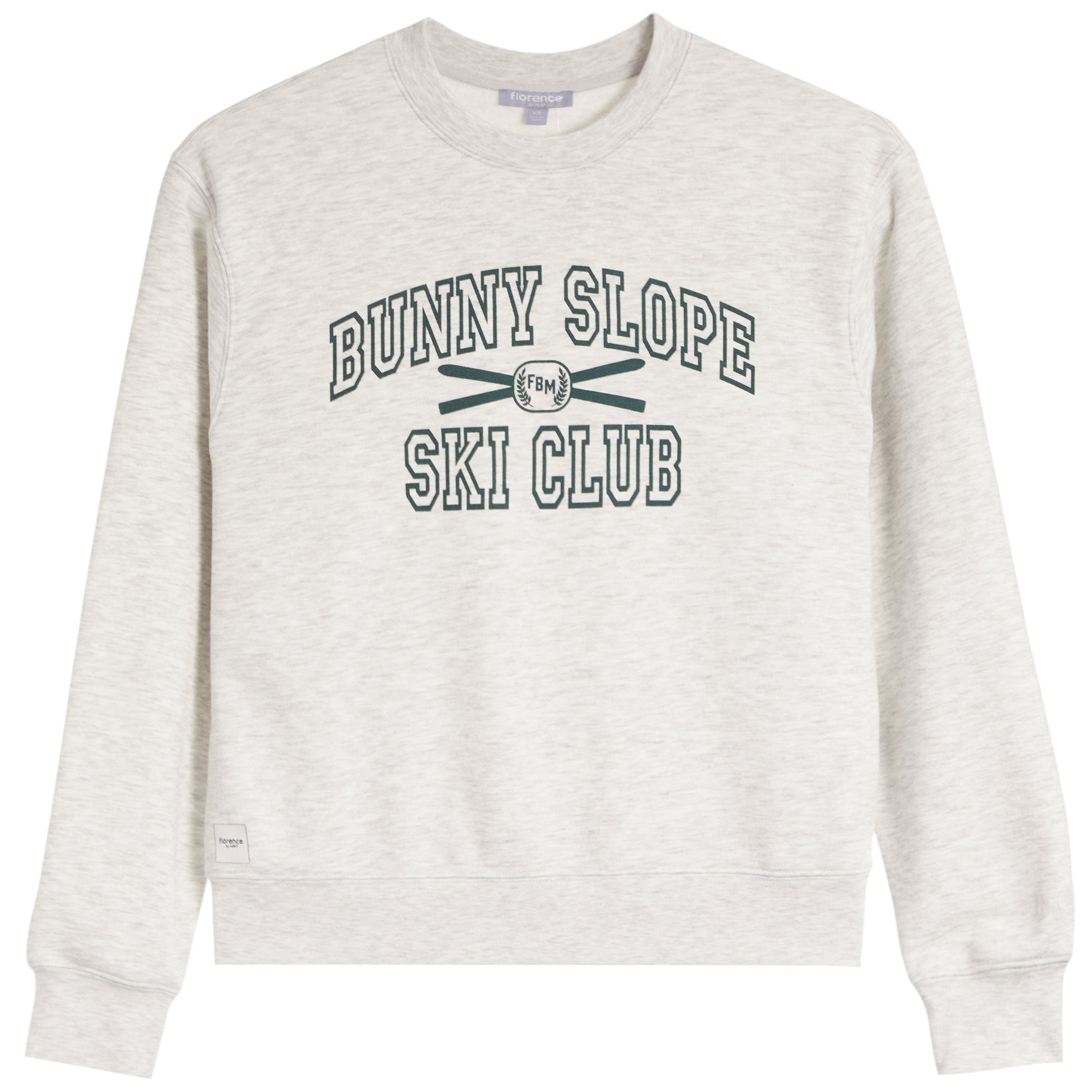 A light heather gray crewneck sweatshirt featuring the text 'BUNNY SLOPE SKI CLUB' in dark green varsity-style lettering with crossed skis and a bunny logo on the chest.