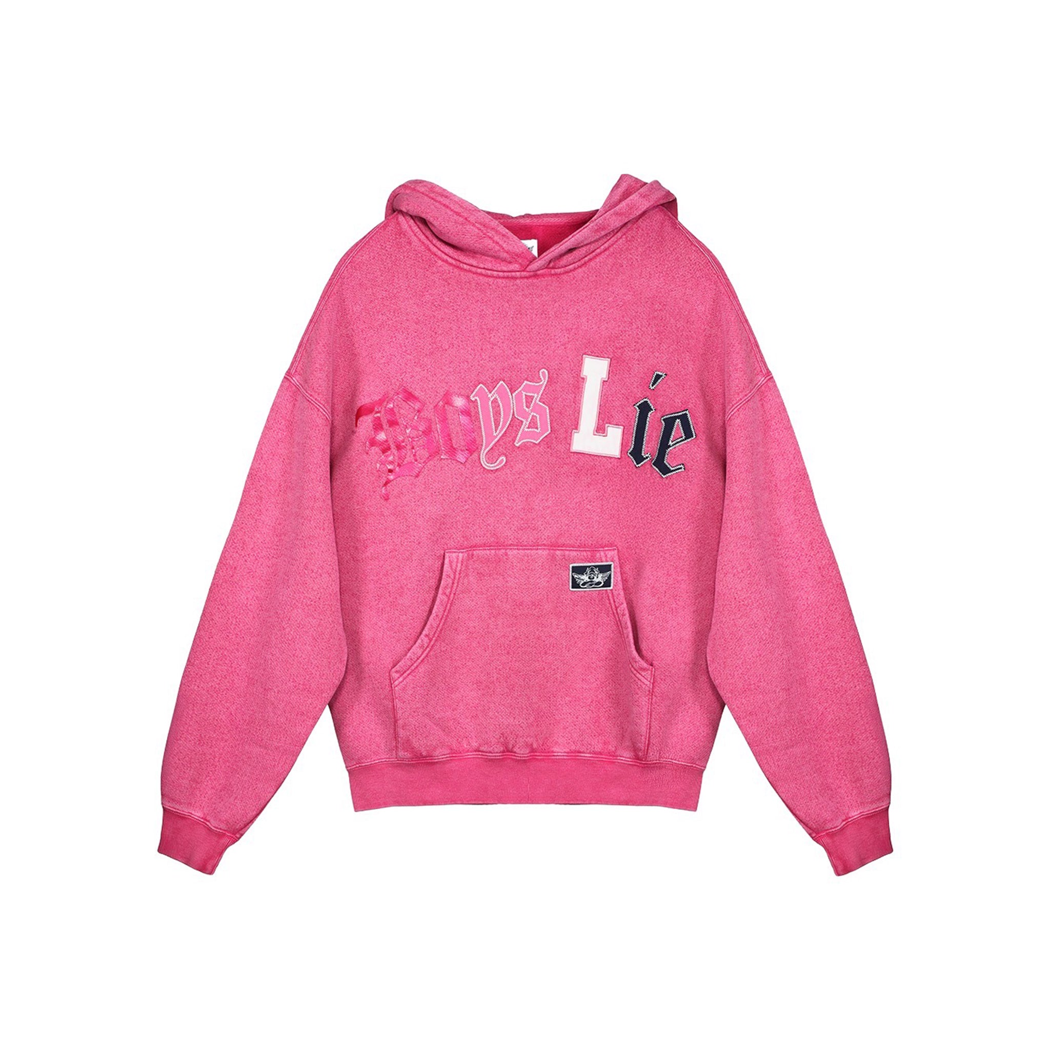 A pink heathered hoodie sweatshirt featuring the text 'Boys Lie' across the chest in stylized white, pink, and navy blue lettering, with a front kangaroo pocket and a small black logo patch on the pocket.