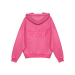 A pink hooded sweatshirt shown from the back, featuring a tonal embroidered winged rose design across the upper back. The hoodie has a washed, heathered texture and is photographed against a solid white background.