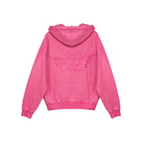 A pink hooded sweatshirt shown from the back, featuring a tonal embroidered winged rose design across the upper back. The hoodie has a washed, heathered texture and is photographed against a solid white background.