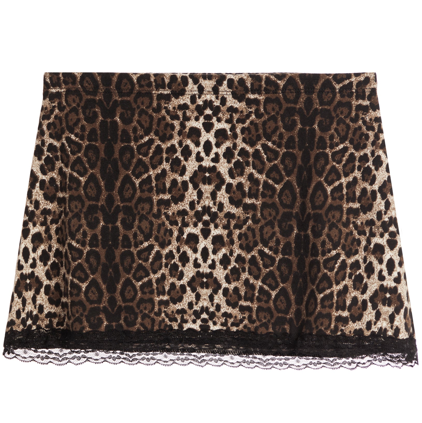 A leopard print skirt featuring a brown, black, and beige animal pattern with a black lace hem, displayed flat against a white background.