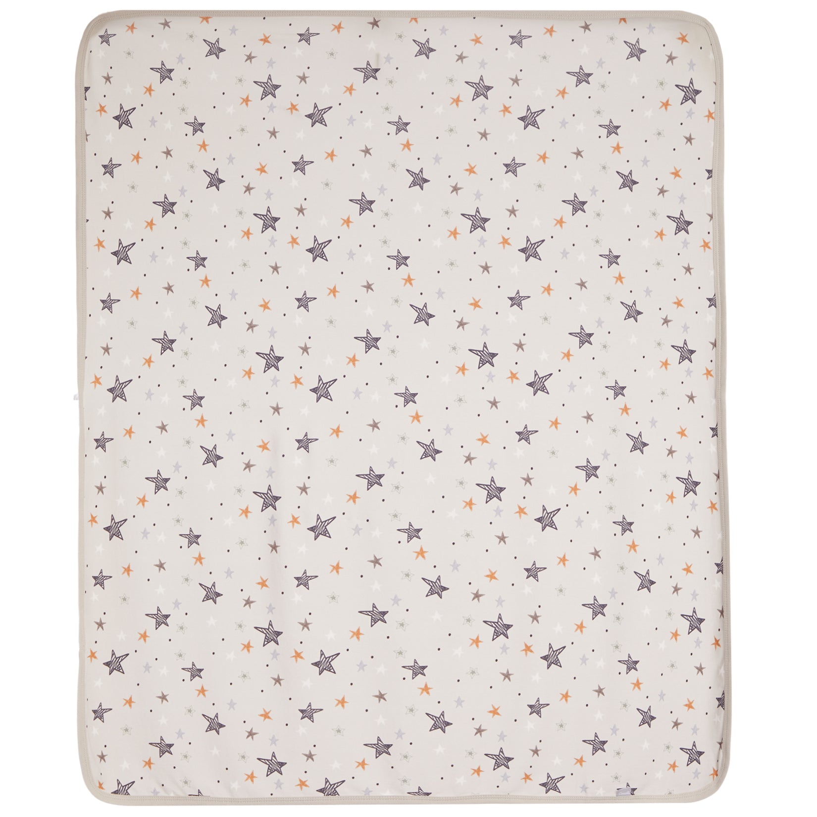 A square baby blanket featuring a starry night sky pattern with gray and orange stars on a warm off-white background.