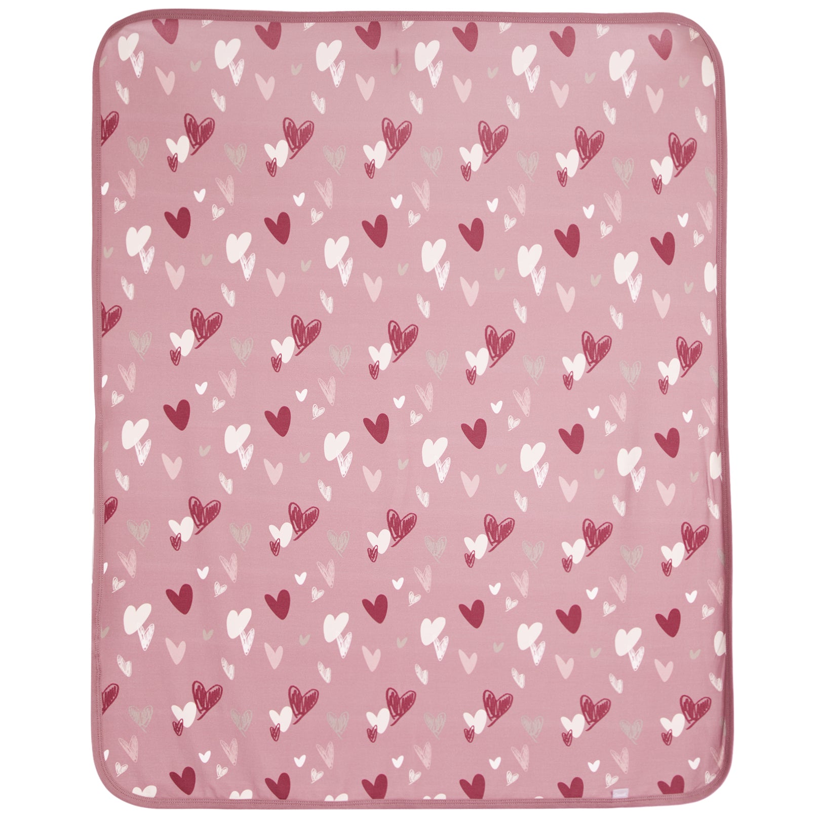 A square pink blanket with rounded corners, featuring an all-over pattern of small hearts in dark red, white, and light pink, shown flat against a white background.