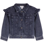 A dark blue denim jacket for toddlers or kids, featuring ruffled detailing on the shoulders, a button-up front, and two front patch pockets, shown against a plain white background.