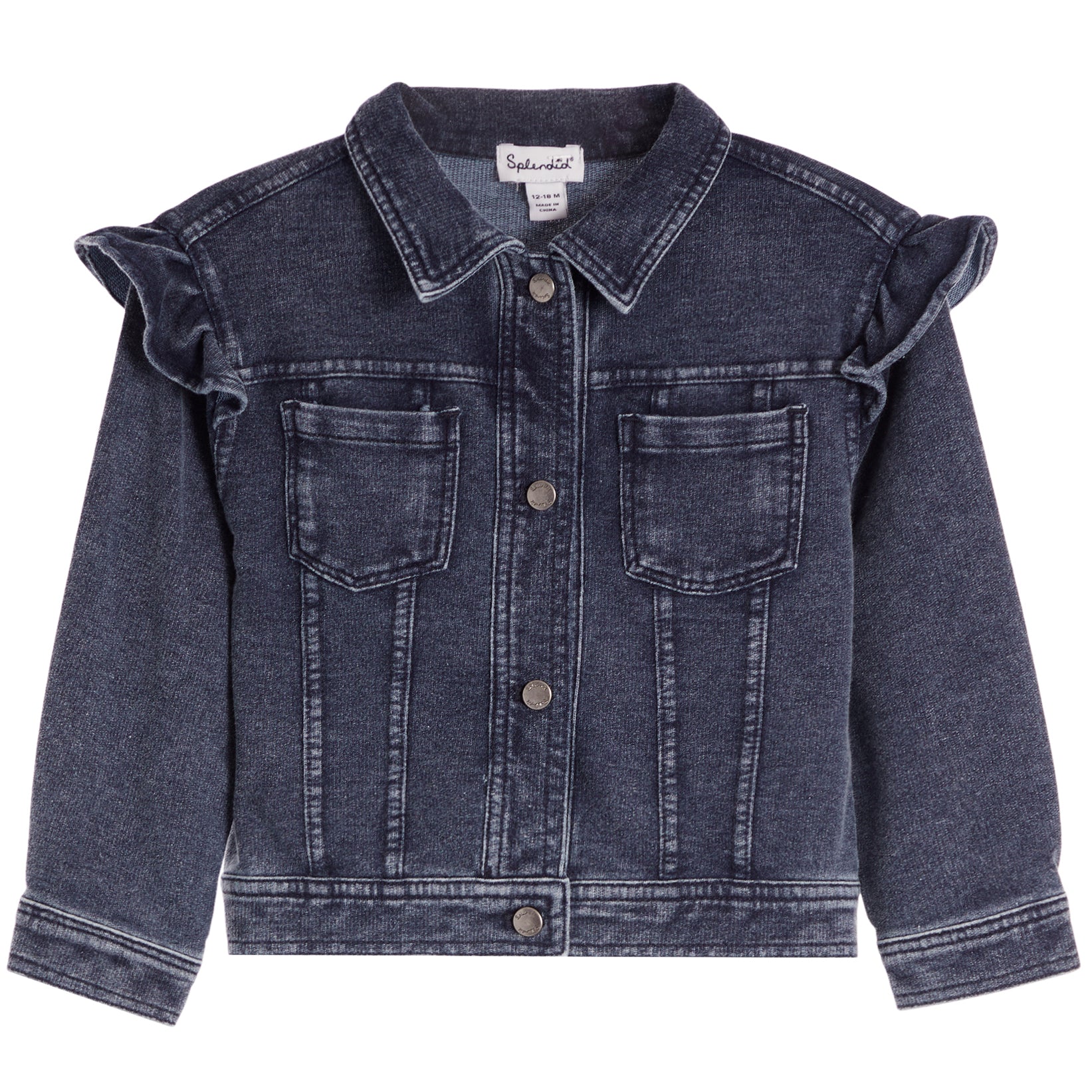 A dark blue denim jacket for toddlers or kids, featuring ruffled detailing on the shoulders, a button-up front, and two front patch pockets, shown against a plain white background.