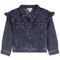 A dark blue denim jacket for toddlers or kids, featuring ruffled detailing on the shoulders, a button-up front, and two front patch pockets, shown against a plain white background.
