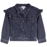 A dark blue denim jacket for toddlers or kids, featuring ruffled detailing on the shoulders, a button-up front, and two front patch pockets, shown against a plain white background.