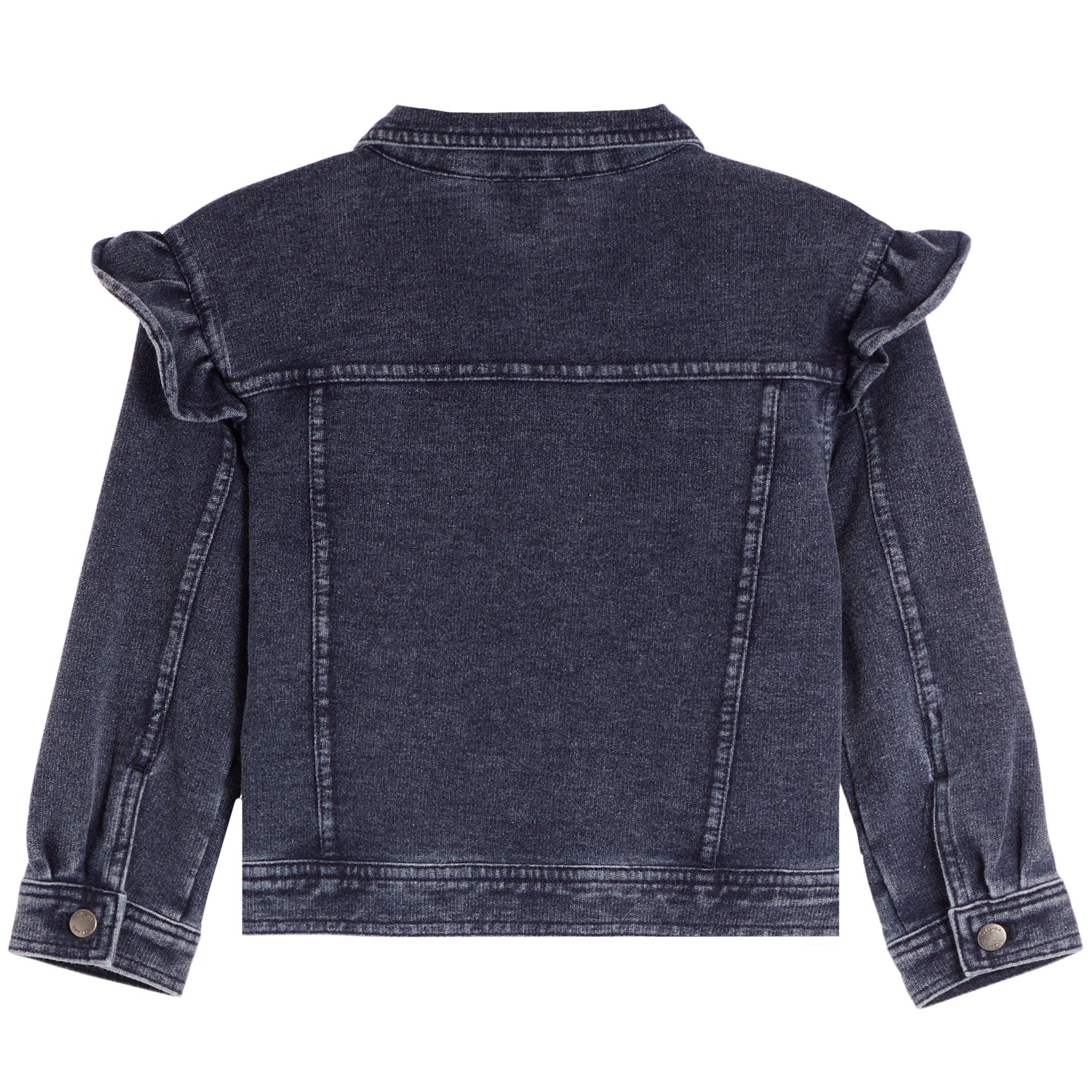A dark washed denim jacket shown from the back, featuring ruffled detailing on the shoulders and buttoned cuffs, set against a plain white background.