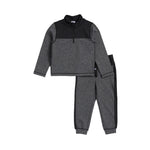 A two-piece kids' black sweatshirt and jogger pants set with a small white rectangular logo patch on the chest and thigh, displayed on a clean white background.