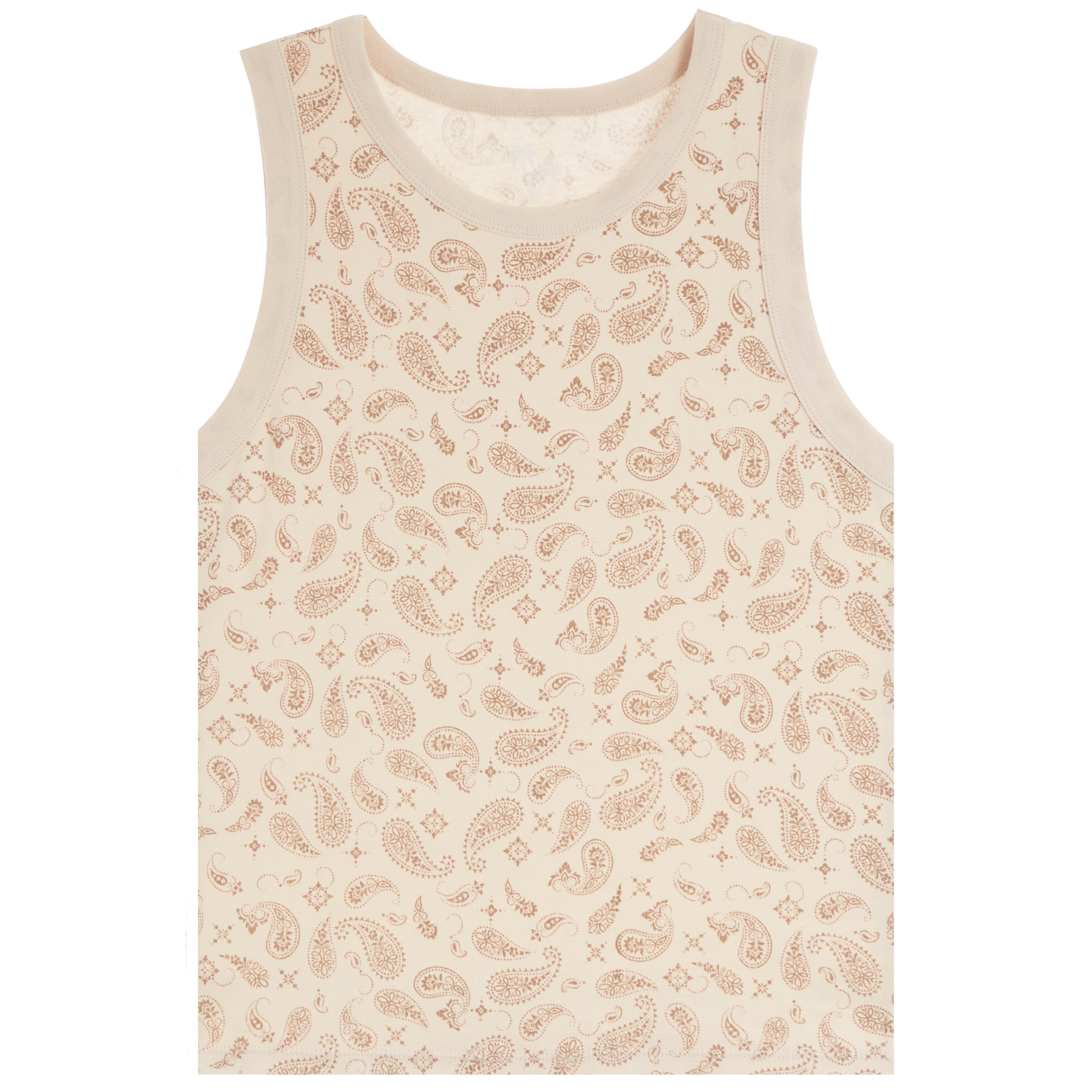A sleeveless tank top in cream with a light brown paisley pattern, shown flat against a white background.