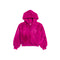 A bright magenta pink faux fur zip-up hoodie with a hood, shown flat against a solid white background.