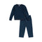 A two-piece children's outfit set featuring a dark navy blue knit sweater and matching navy pants, laid flat on a white background.