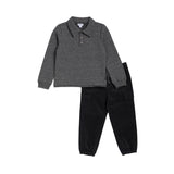 A two-piece children's outfit set featuring a dark gray heathered knit polo shirt with a three-button placket and black corduroy pants with elastic cuffs, displayed on a solid white background.